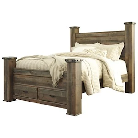 Rustic Look Queen Storage Poster Bed with 2 Footboard Drawers